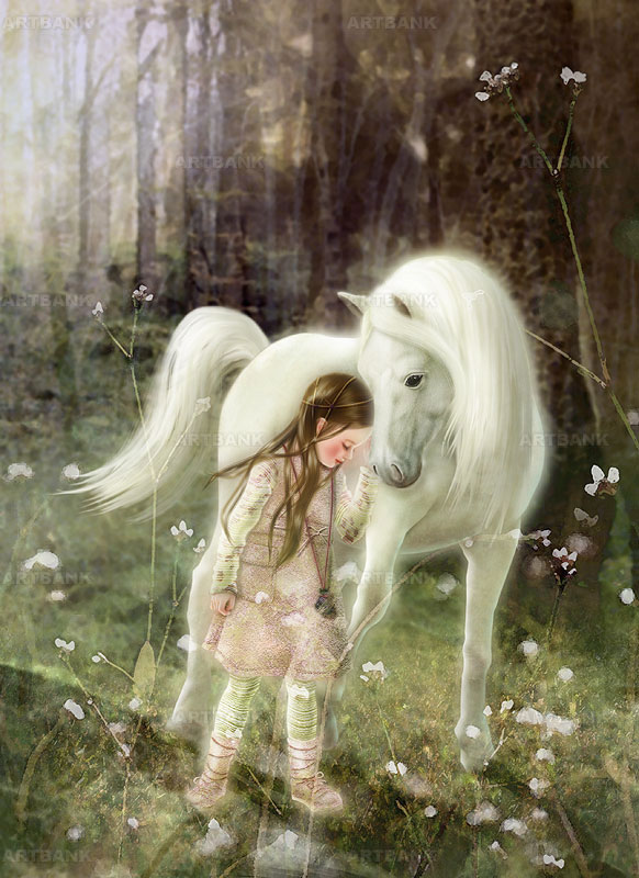 ファンタジーイラスト 早春の森の中白い子馬と少女