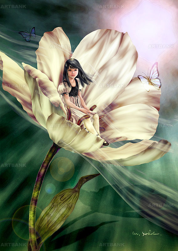 ファンタジーイラスト 白い花の中で微笑む妖精