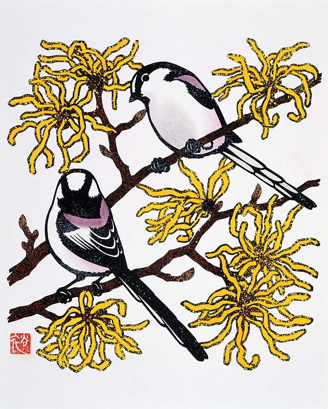 切り絵イラスト 春の木花マンサクの枝に止まる二羽のエナガ