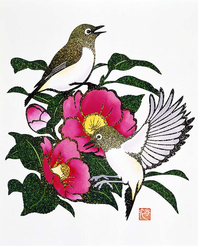 切り絵イラスト 春に椿の花に来た二羽のメジロ