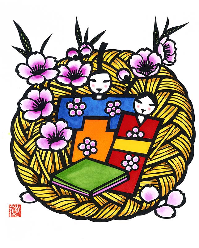 切り絵イラスト サンダワラの上に桃の花と菱餅と雛人形