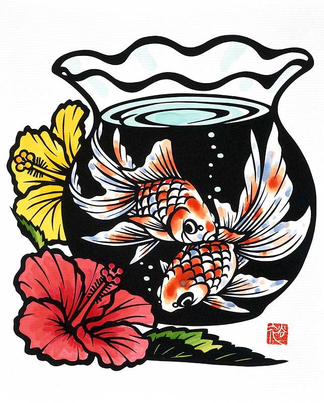 切り絵イラスト 金魚鉢の中で泳ぐ和金魚とハイビスカスの花