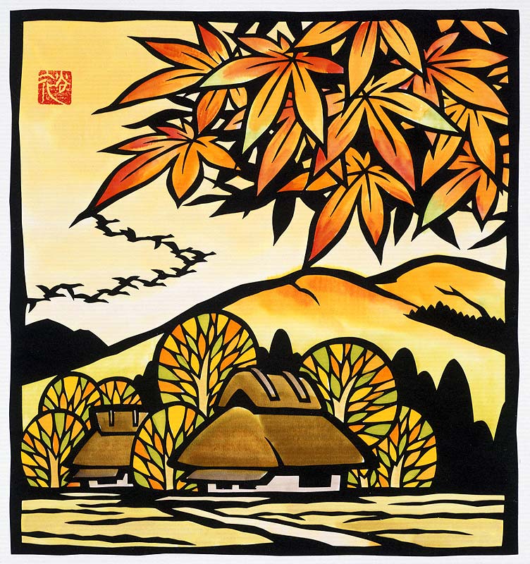 切り絵イラスト 秋の紅葉に渡り鳥が翔ぶ藁葺き屋根の民家